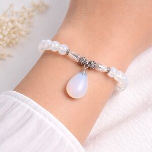Opalite White Glass Beaded Stretch Bracelet with Drop Charm | Silvertone | 6.5”